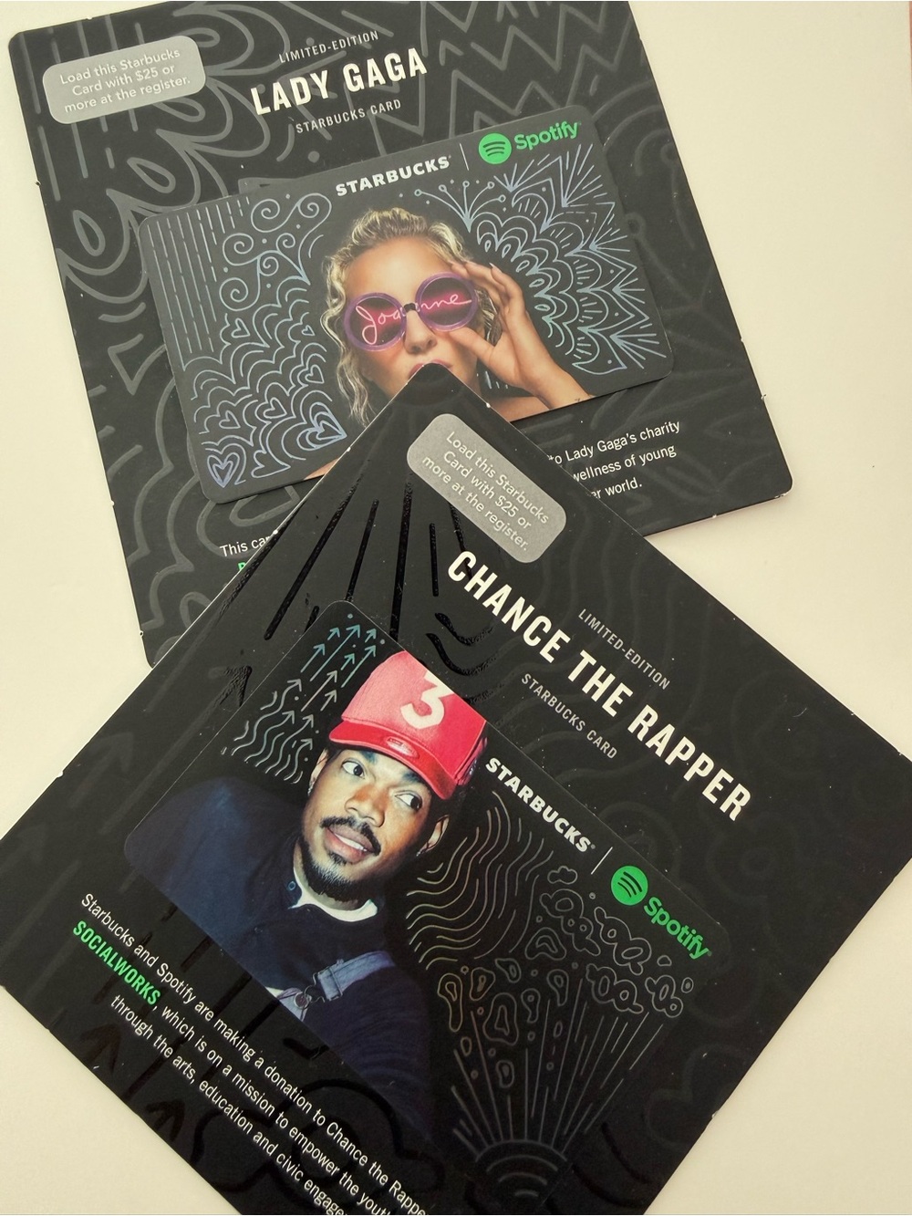 Starbucks Limited Edition Chance the Rapper Lady Gaga Gift Cards Spotify Logo